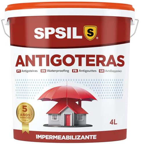 SPSIL Pintura Antigoteras Impermeabilizante Teja - Repele Activamente el Agua, Previene de Goteras y Filtraciones- Para Tejados, Azoteas, Fachadas, Terrazas (4 L)