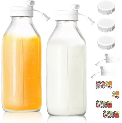 LUPATDY 2er Set Glasflasche 1 Liter, Glasflaschen mit Deckel, Glaswasserflasche, Glas-Saftflaschen mit Schraubverschluss zum Befüllen Smoothie Flasche Kombucha Glas, für Saft, Milch,Milchshakes