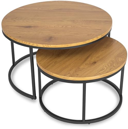 MEBEL ELITE Couchtisch 2er Set Rund – Wohnzimmertisch Holzoptik – Sofatisch mit Metallgestell – Tische für Wohnzimmer und Büro 60 cm/80 cm – Pflegeleichter und Schmutzabweisender