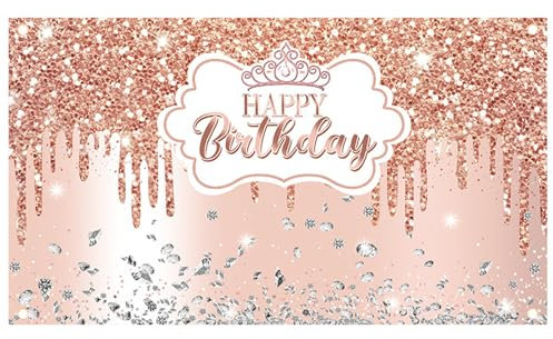 Cartel de feliz cumpleaños, telón de fondo de fiesta de oro rosa, decoración de fondo de fiesta, póster de fotografía para niños, niñas, mujeres, suministros de cumpleaños, 110 x 180 cm