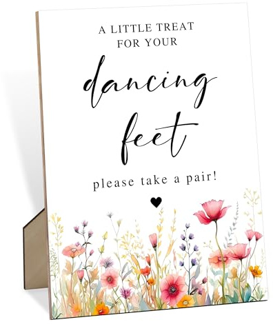 A Little Treat for Your Dancing Feet Wooden Sign with Stand 8 x 11 Inch, Wedding Decorations for Ceremony, Flip Flop Sandals High Heels Shoes Dance Floor Reception Sign, Floral Bridal Shower Decor