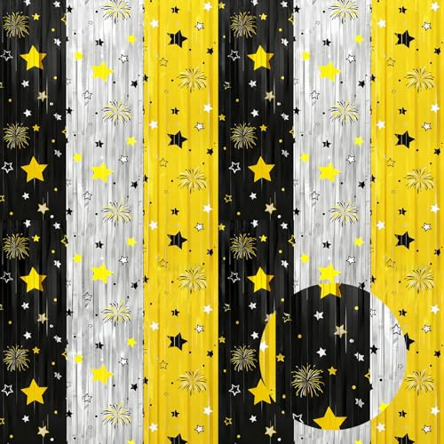 DPKOW Decorazioni Capodanno 2027, 2 Tende Metalliche in Nero Oro Argento, Tende Metalliche a Forma di Stella con Fuochi d'Artificio, Decorazioni Sfondo per Feste di Capodanno Laurea
