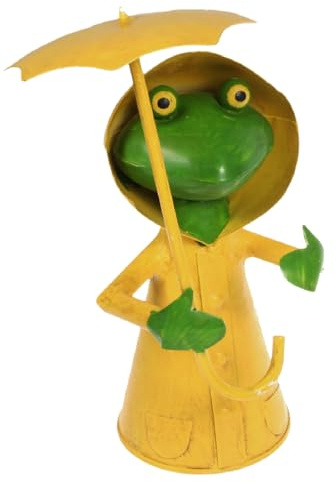 Lenzbach Zaunhocker Frosch im gelbem Regenmantel mit Schirm 24 cm Figur aus Blech Metall Garten Deko Garten Balkon Dekofigur Pfostenhocker Strand Meer maritim