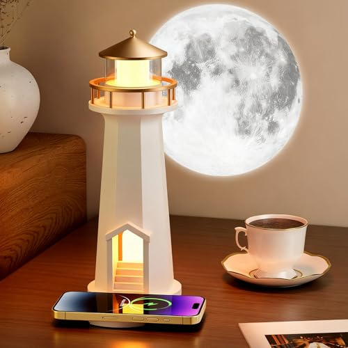 Moon Lighthouse Lamp with 5W Wireless Charger, Lighthouse Decoration, Lighthouses Night Light with Bluetooth Speaker and Colorful Atmosphere Lights, Rechargeable Dimmable Moonlight Projector Light
