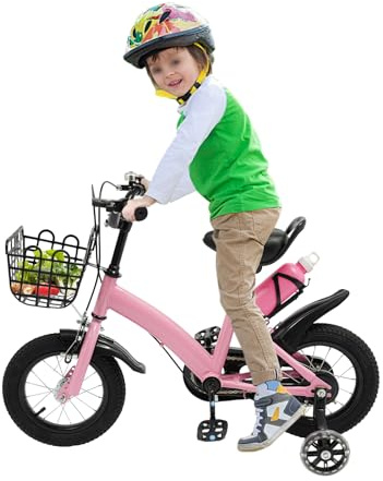 GIDRLL Kinderfahrrad 12 Zoll Fahrrad Kinder ab 2-3 Jahre Jungen & Mädchen Kinder Fahrrad Höhenverstellbar mit Abnehmbare Stützräder, Aufbewahrungskorb, Wasserflasche & Kettenabdeckung