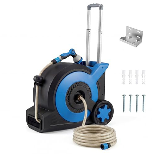 COSTWAY Retractable Hose Reel 30+2M, 10 in 1 Nozzle Floor/Wall Mounted Garden Hose with Wheels, Hose Locking Mechanism & Stakes, Auto Rewind Hose Pipe Reel, Includes Wall Fixings