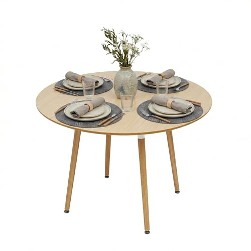 Relaxdays Esstisch, rund, H x D: 75 x 90 cm, MDF & Bambus, für 4 Personen, 100 kg, skandinavischer Esszimmertisch, Natur