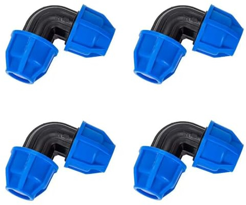 4 Stück PE Rohr 25mm x 25mm Verschraubung PN16 DVGW Trinkwasser zertifiziert, PP Fitting für PE80 PE100 Rohre Wasserleitung Kunststoff Gartenbewässerung (90 Grad Bogen 25mm PE Rohrverbinder)