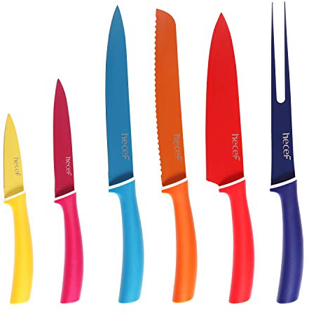 hecef 6-tlg Messerset, Bunte Küchenmesser Set Scharfe mit Schutzhüllen| Kochmesser, Schälmesser, Tranchiermesser, Gabelmesser und Brotmesser, etc