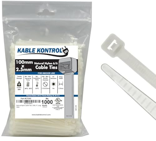 Kable Kontrol Natural White Cable Ties, 100 mm x 2.5 mm, Pack of 1000, 4 Premium Nylon Zip Ties, Multi-Purpose Plastic Tie Wraps, Secure Self-Locking Mechanism, for Home, Garden, Office and DIY