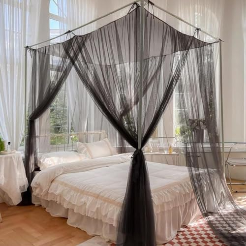 SZHTFX Schwarzes Moskitonetz für Doppelbett, 4 Eckpfosten Betthimmel für Insektenschutz Hängendes Bettnetz für Einzel- bis Kingsize-Bett für draußen oder drinnen, Schlafzimmer, Reisen, Camping, 1
