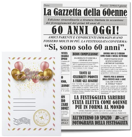 KAÏDENSÏ Idea Regalo Compleanno Donna 60 Anni - Giornale La Gazzetta Della 60 Enne - Maxi Biglietto Auguri Originale - Idee Regali Compleanno Originali - Gadget Scherzi Biglietti Divertenti per Lei