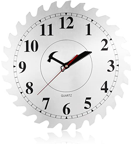 CIGERA Horloge murale en métal de 30,5 cm avec cadran à lame de scie circulaire, scie à main et pointeur marteau, excellente décoration pour garage, atelier et grotte