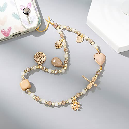 Herbests Perlen Handschlaufe für Telefon,Böhmen Bunte Anti-Verlorene Handykette Perlen Telefon Kette Strap Perlen Charme Telefon Anhänger Schlüsselband Handy-Schmuck für Frauen,Beige
