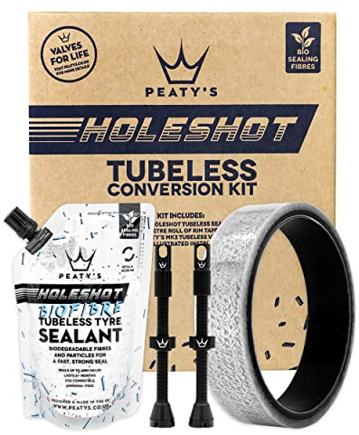 Peaty's Holeshot Tubeless-Umrüstkit - Straße und Gravel, 21mm Felgenband, 60mm Tubeless Ventil, 120ml Biofibre Reifendichtmittel Fahrrad, Felgen- und Pannenschutz Fahrrad, Zubehör für Reifen & Felgen
