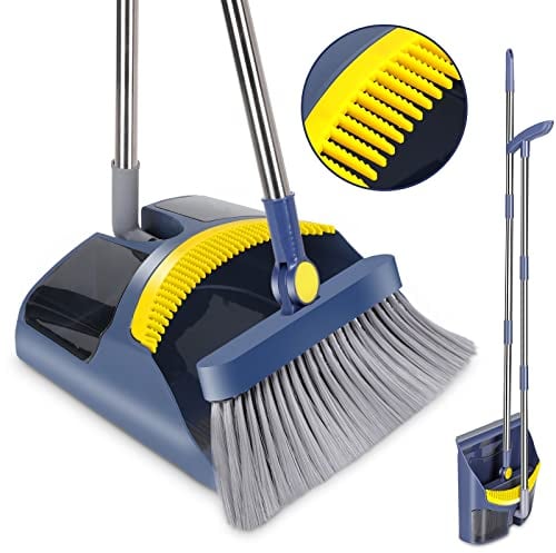 MASTERTOP Besen und Kehrschaufel Set,120cm Kehrmaschine und Kehrschaufel Combo mit Kamm, Aufrechter Kehrset Kehrgarnitur Besen mit Stiel für Haushaltsreinigung, Bodenreinigung – Blau + Gelb