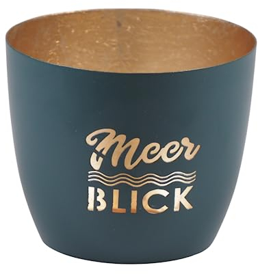 Seaside No.64 - Maritime Windlichter Baltic aus Metall mit ausgestanzten Schriftzügen - Verschiedene Farbkombinationen für Teelichter & Stumpenkerzen in Haus und Garten (Meerblick - DKL.blau, Gold)