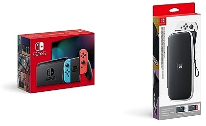 Nintendo Switch-Tasche & -Schutzfolie - Schwarz/Weiß + Konsole Neon-Rot/Neon-Blau