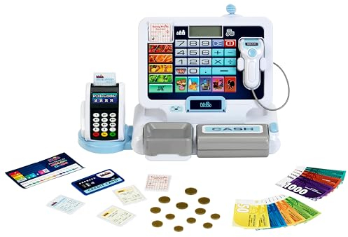 Theo Klein 9310 Tablet-Kassenstation I Spielkasse mit Sound und abnehmbarem Tablet, POS-Terminal mit mechanischer Funktion, Scanner und Spielgeld I Spielzeug für Kinder ab 3 Jahren