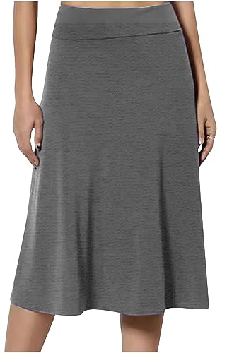 Gray Midi Skirts for Women UK Elasticated Waist Skirts Ladies Pleated A Line Knee Length Jersey Pencil Skirt Casual Summer Swing for Office Work Holiday Skirt