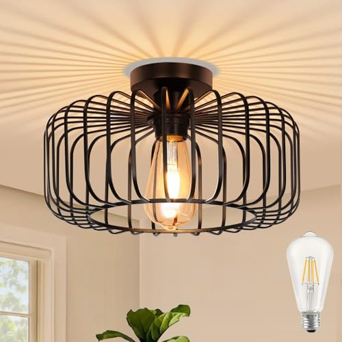 SERBASIC Black Modern Chandeliers Ceiling Lights with Bulb,Metal Cage Light Fixtures with E27 Base for Living Room,Kitchen,Dining Room,Bedroom,Farmhouse