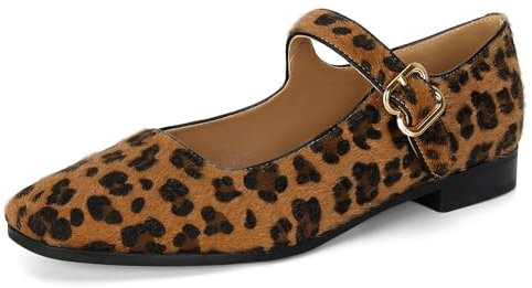 DOEYG Rhinestone Mary Jane Flats for Women Sparkly Ballet Flats with Buckle Strap Square Toe Embellished Mary Jane Shoes Comfy Casual Studded Ballerina Shoes, Leopard, 4 UK