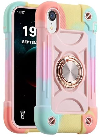 for iPhone XR Case with 360°Rotate Ring Stand, Military Grade Drop Shockproof, Full Body Protection, Heavy Duty, 3-Layer Protective Cover Case for iPhone XR Pink
