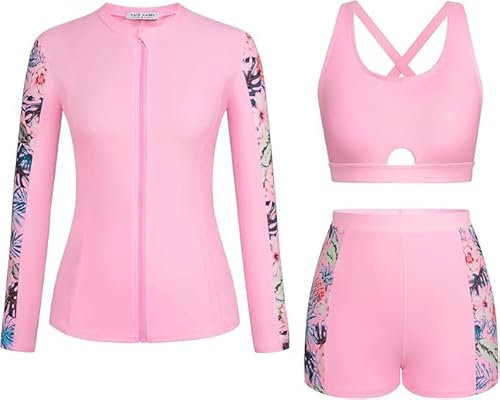 Kate Kasin Women's 3-Piece Sun Protection Swimwear Zip Front Jacket Padded U-Neck Top Boyshort Bottoms Pink Leaves M
