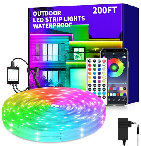 vimeepro Outdoor LED Strip Light 60M Wasserdicht mit Remote/APP Control Musiksynchronisation RGB Outdoor Led Rope Lights Farbwechsel LED band strip für Schlafzimmer Balkon Dach Garten Treppe Parteien