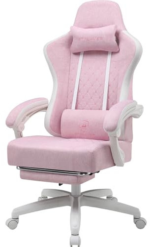 GTPLAYER Chaise de gaming ergonomique avec surface en tissu, coussin de siège à ressort, accoudoirs de connexion et repose-pieds, blanc/rose