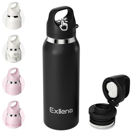 Exllena 650ml/22oz Insulated Water Bottles with One-Touch Flip Lid, Metal Water Bottle with Easy Carry Handle and Quick-Drink Design Ideal for Travel, Driving or Sport... (Black)