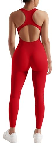 RXRXCOCO Gerippte Ärmellos Jumpsuits Damen Lang Eng Tank Rückenfreie Padded Einteiler Bauchweg Sport Yoga Overall Romper