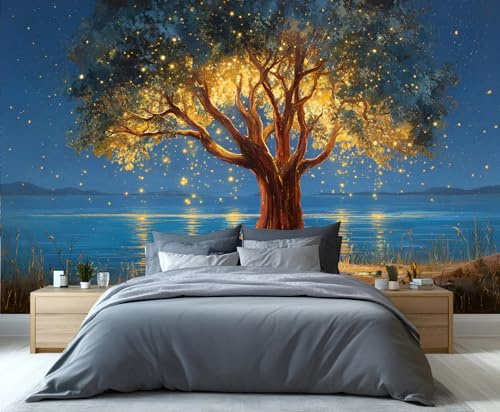 Fresque murale Arbre enchanté et lumineux au bord du lac - Paysage étoilé pour chambre, salon et décoration féérique 280x200cm (Non autocollant)
