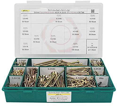 Schrauben-Niro.de Schrauben Set Spanplattenschrauben Torx verzinkt gelb - Durchmesser 3,0 bis 6,0 mm - Holzschrauben mit Senkkopf