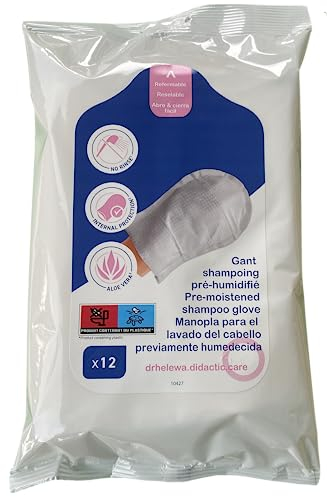 Dr Helewa GANT SHAMPOO Lot de 12 gants pour pouvoir faire le shampooing sans rinçage ni séchage Avec après-shampooing. Lotion ultra douce. Sans alcool, sans silicone ni parabènes.