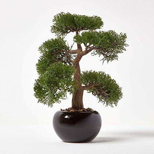HOMESCAPES Small Oriental Bonsai Tree 40 cm Tall Artificial Plant in Decorative Black Ceramic Glossy Pot Faux Chinese Tree for Indoor Decoration Home and Office