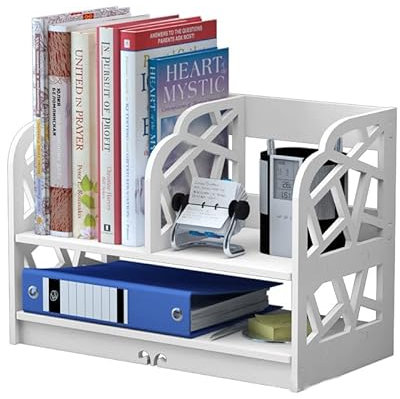Wood Desk Storage Shelf White Bookcase, 2 Tier Small Bookshelf Desktop Display Storage Organiser Rack Shelves Stand Counter Top Multi-use Bookcase for Home Kitchen Office ,3 compartments/42✕22✕30cm