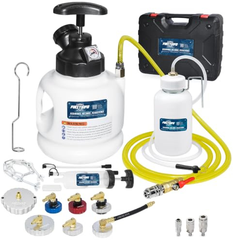 FIRSTINFO A1163HK | Kit purgador de Frenos Manual 3 L con 7 adaptadores metálicos, Botella colectora, Bomba extractora y 3 Tipos de Conectores