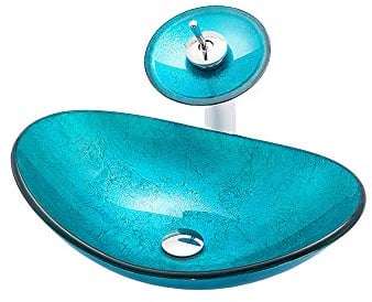 HomeLava Design Mini Gehärtetes Glas Aufsatzwaschbecken Waschbecken Waschschale Handwaschbecken Oval mit Wasserfall Wasserhahn und Ablaufgarnitur für Gäste WC Bad Blau 42cm