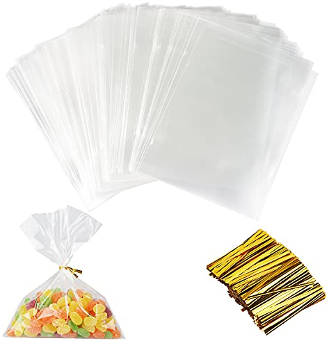 200 Stück Cellophantüten Klein, Cellophantüten Klar, Süßigkeiten Tütchen Transparent,Klarsichttüten,Zellophantüten Groß Bodenbeutel Transparent, OPP Geschenktüten Plätzchen mit Goldband(15 * 20 cm)