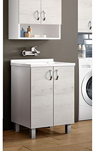 Dmora Lavatoio A Due Ante Battenti Con Asse In Legno E Kit Di Fissaggio, Made In Italy, Cm 60 X 60 X 85, Colore Bianco Opaco E Olmo