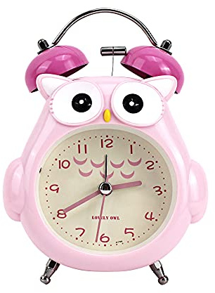 Quniko Cute Cartoon Owl Twin Bell Analog Alarm Clock with Night Light Pink