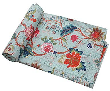 YUVANCRAFTS Couvre-lit indien fait à la main à imprimé floral Kantha pour lit double Vert