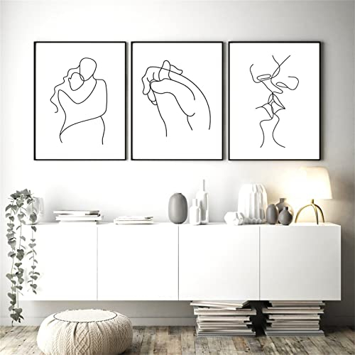 SWECOMZE 3-teiliges Love Moderne Poster Set - Hand in Hand, Umarmen, Line Art Kuss Bilder Wohnzimmer Deko Schlafzimmer Modern Fine Art - Ohne Rahmen (30X40cm)