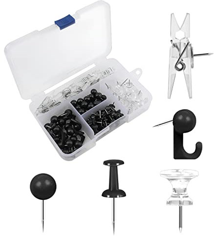 AIEX 125pcs Reißnägel, Reißnägel Dekorativ Pinnwandnadelnt Pinnwandnadeln Push Pins mit Edelstahlspitze Thumb Tacks für Korktafeln Bulletin Board Büro Wand (5 Stile, Klar und Schwarz)