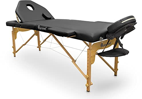 Quirumed Klappliege aus Holz Pro, mit aufklappbarer Rückenlehne, Schwarz, Kunstleder, Gesichtsloch, Abnehmbarer Kopf, höhenverstellbar, bis 150 kg, 194 x 70 cm