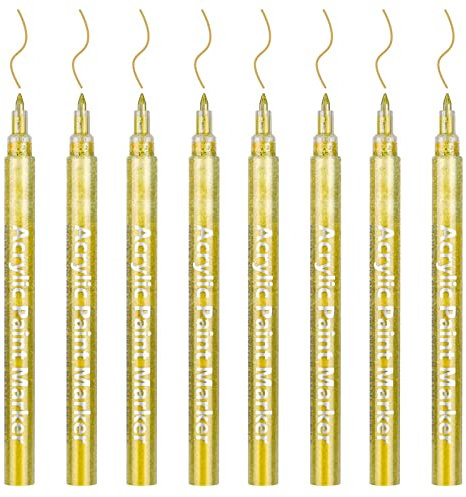 DONQL 8Pcs Gold Pens Metallic Gold Permanent Marker Pen 0.7mm Pens Metallic Acrylic Paint Pen Glass Glitter Paint Pens Fine Tip Marker for Fabric Rock Wooden Ceramic Leather