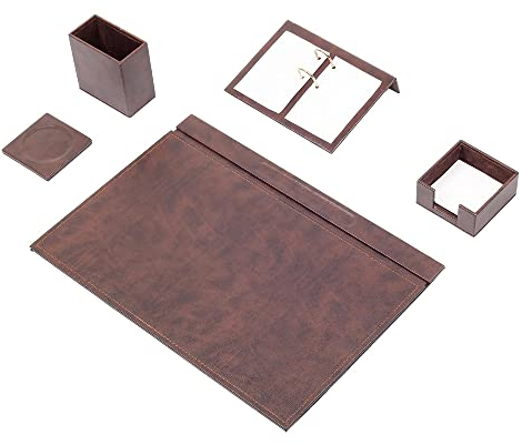 Schreibtisch-Set aus Leder – Schreibtischunterlage – Notizpapierhalter – Stifthalter – Lederuntersetzer – Kalenderhalter – 5 Zubehörteile – Schreibtisch – 5 Stück (Brown)