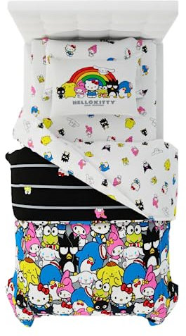 Franco Collectibles Sanrio Hello Kitty & Friends Bedding - Juego de edredón y sábanas súper Suaves de 5 Piezas con Funda, tamaño Individual (Producto 100% Oficial)