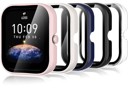 Bigqin 5 Piezas Funda Compatible con Amazfit Bip 3/Bip 3 Pro, Protector de Pantalla Compatible con Amazfit Bip 3/Bip 3 Pro- Transparent/negro/azul/blanco marfil/rosa